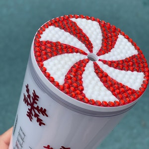 Peppermint Snowflake Snowglobe Tumbler, Glitter Double Walled Acrylic Tumbler Bling Lid