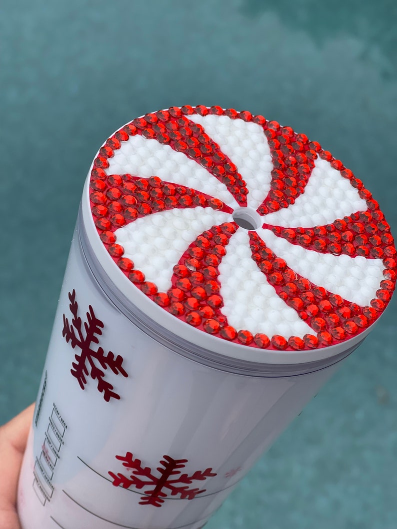 Peppermint Snowflake Snowglobe Tumbler, Glitter Double Walled Acrylic Tumbler Bling Lid