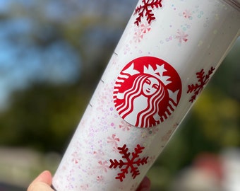Peppermint Snowflake Snowglobe Tumbler, Glitter Double Walled Acrylic Tumbler