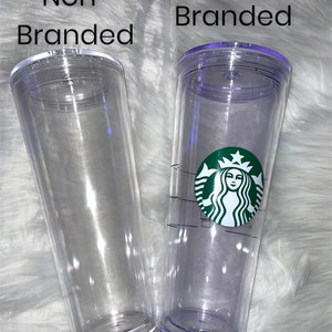 May include: Two clear plastic tumblers, one with a Starbucks logo and the other without. The text "Non-Branded" is above the plain tumbler and "Branded" is above the Starbucks tumbler.
