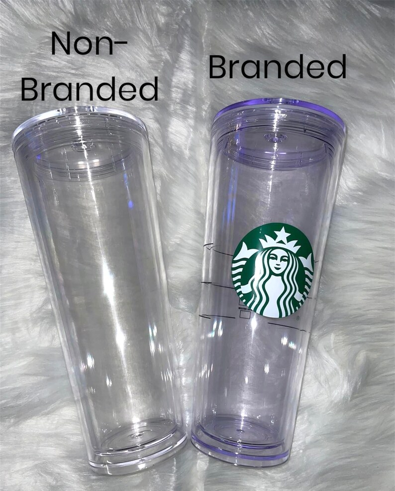 May include: Two clear plastic tumblers, one with a Starbucks logo and the other without. The text "Non-Branded" is above the plain tumbler and "Branded" is above the Starbucks tumbler.