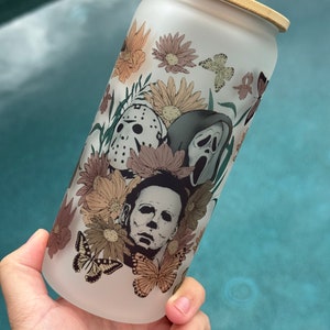 Spooky Floral Halloween Movie 16 Ounce Beer Can Glass, Gift