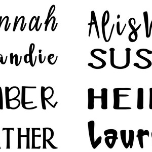 May include: A black and white image with eight names written in different fonts and styles. The names are: Hannah, Brandie, Amber, Heather, Alisha, Susie, Heidi, and Lauren.