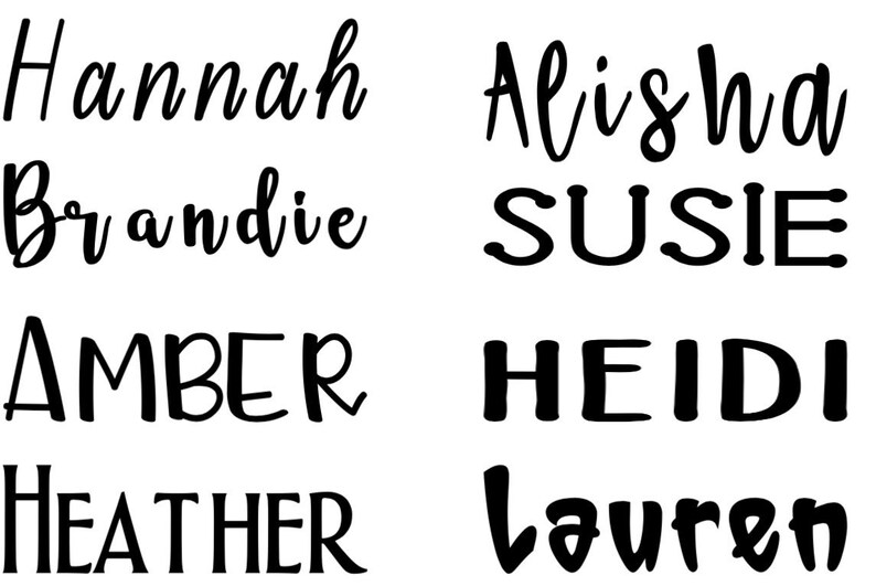 May include: A black and white image with eight names written in different fonts and styles. The names are: Hannah, Brandie, Amber, Heather, Alisha, Susie, Heidi, and Lauren.