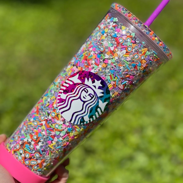 90’s Vibes Rainbow Rhinestone/Clay Filled Tumbler, Starbucks, Bling Tumbler, Gift For Her, Trendy, Gift