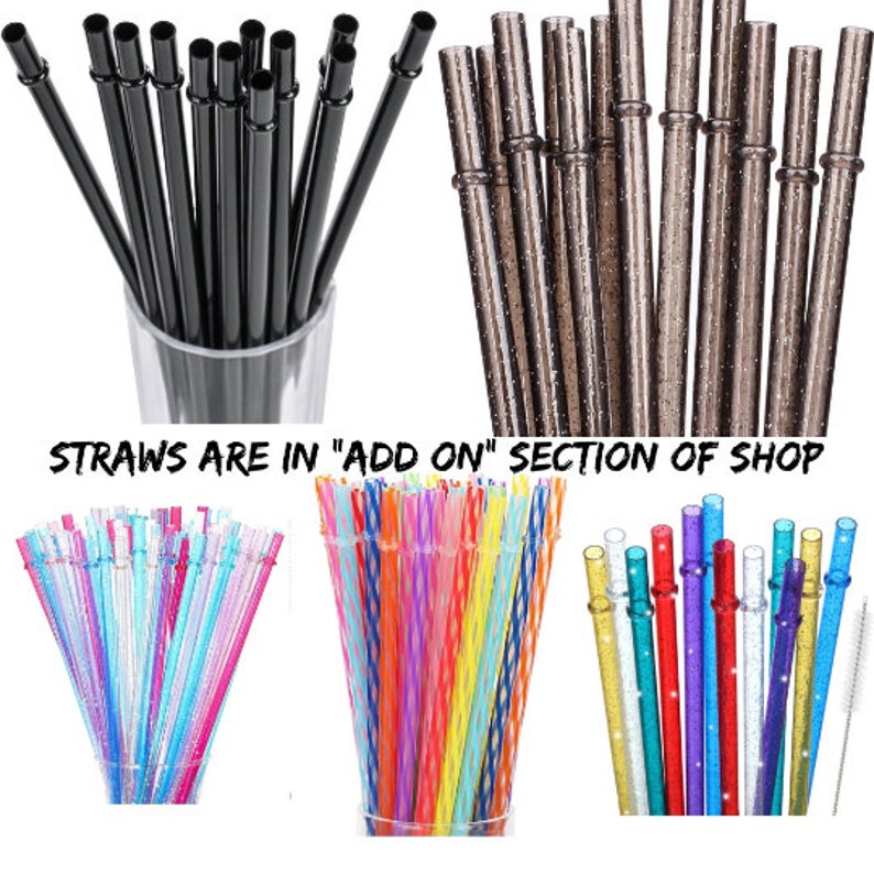 May include: Assortment of colorful drinking straws in various colors and patterns, including black, brown, blue, pink, green, and yellow.  The straws are arranged in groups and are ready to be used for beverages.  "STRAWS ARE IN "ADD ON" SECTION OF SHOP" is written in white text on a black background.