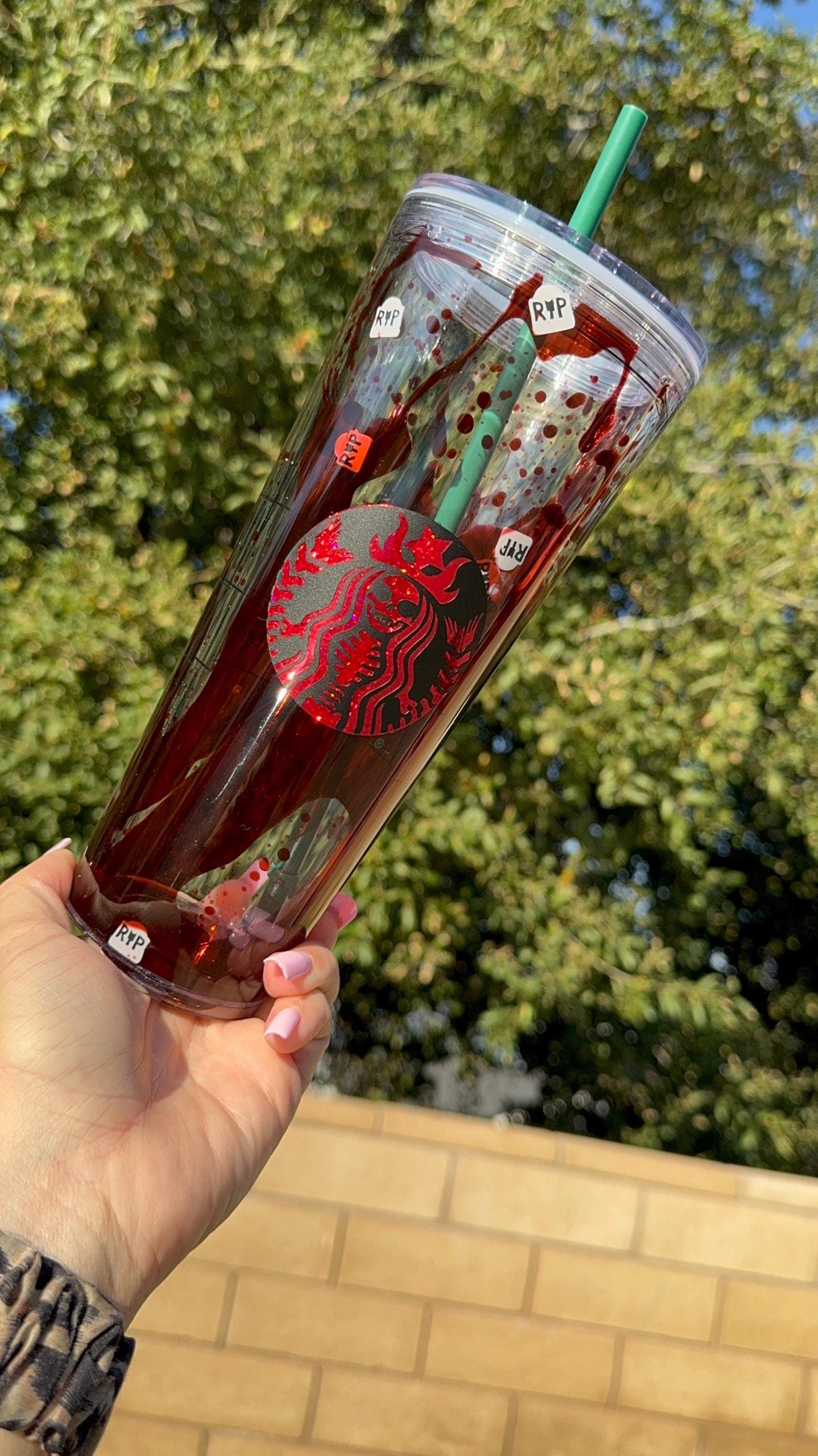 ORIGINAL DESIGNER*RIP Blood Drip Halloween Character Snowglobe Tumbler, 24 Ounce Snow Globe Tumbler, Glitter Tumbler, Double Walled Tumbler
