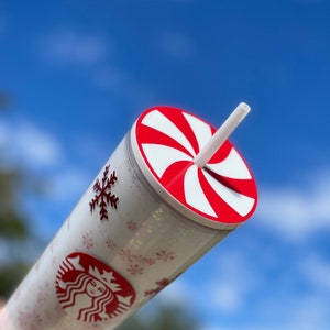 Peppermint Snowflake Snowglobe Tumbler, Glitter Double Walled Acrylic Tumbler Plain Lid