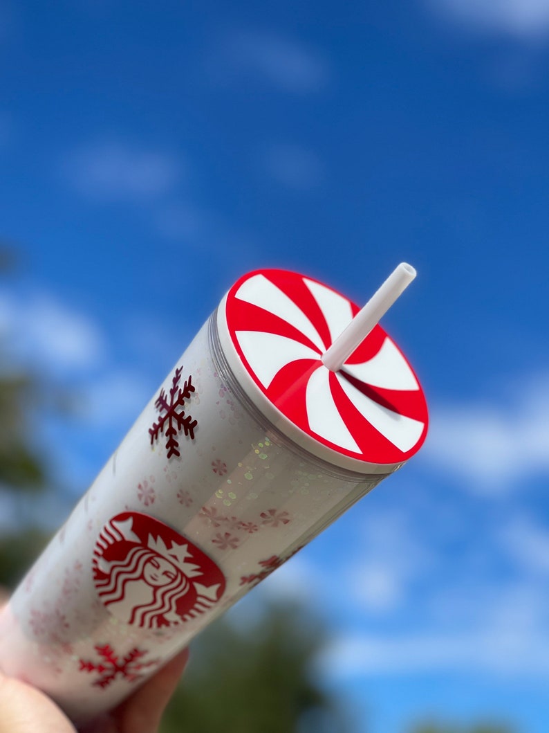 Peppermint Snowflake Snowglobe Tumbler, Glitter Double Walled Acrylic Tumbler Plain Lid