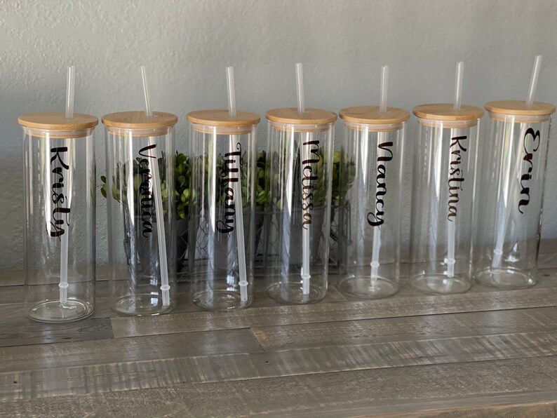 Tall Skinny Glass 24 Ounce With Bamboo Lid and Straw Etsy