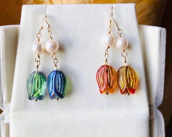 Glass Tulip & Pearl Earrings · Gold Filled Floral Jewellery