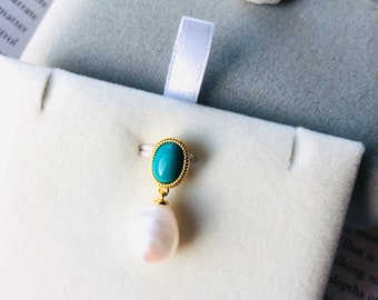 Sterling silver natural turquoise and Baroque pearl pendant. Turquoise Pendant. Real pearl pendant. Pearl Drop Pendant.