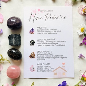 Home Schutz Kristall Set – Amethyst, Rosenquarz, Turmalin & Rauchquarz – Heilsteine mit Bedeutungskarte. Kristall Geschenk Set.