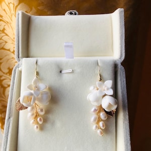 Handmade Ceramic Flower and Fresh Water Pearl Earrings / Bridal Earrings/White Porcelain Flower Earrings/ Wedding Earrings
