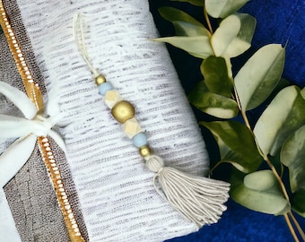 Farmhouse Wood Bead Ornament with Tassel, Gold, Grey and Natural Wood Beads