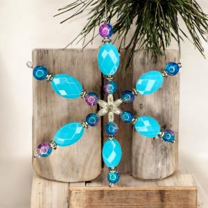 Elegant Turquoise Colored and Silver Handmade Beaded Snowflake Ornament