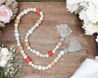 Farmhouse Bead Garland with Tassel, Pinks, White and Natural Wood Beads