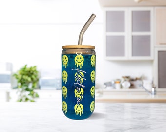 Personalized Glass Tumbler 16 oz. Color Change Melt Smiley Face