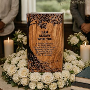 May include: A wooden memorial urn with a tree design and the words "I AM ALWAYS WITH YOU." The urn is surrounded by a wreath of white roses and candles, creating a serene and comforting display.