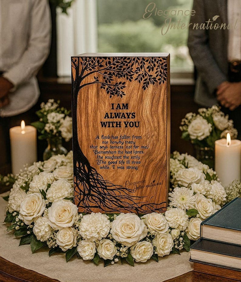 May include: A wooden memorial urn with a tree design and the words "I AM ALWAYS WITH YOU." The urn is surrounded by a wreath of white roses and candles, creating a serene and comforting display.