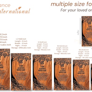 May include: Wooden urns in various sizes, featuring a tree design with roots and the text "I AM ALWAYS WITH YOU." Sizes range from XXS (3x3 inches) to XL (14x7.5 inches).