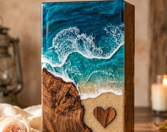 Resin Ocean Cremation Urn for Ashes, Personalized Wooden Urn, Custom Memorial Urn for Adult Ashes, Funeral Keepsake Urn