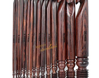 Wooden Crochet Hooks Set of 15-3.5mm to 25mm - Rosewood Crochet Hooks - Ergonomic for Arthritic Hands Crocheting & Knitting - Christmas Gift