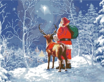 Christmas Santa with Reindeer - counted cross stitch pattern