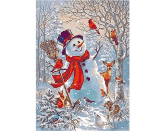 Snowman with Broom, Visiting With His Friends, the Cardinals (cross stitch pattern only)