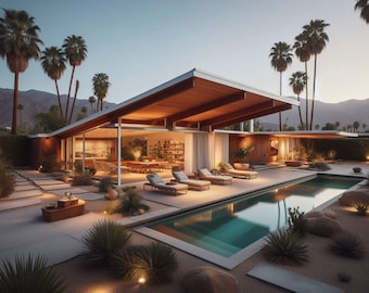 Mid-Century Modern House at Dusk (cross stitch pattern only)