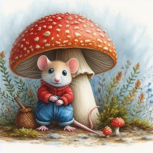 May include: A small, brown mouse wearing a red jumper and blue jeans stands under a large red and white mushroom. The mushroom has a white stem and a red cap with white spots. The mouse is looking at the viewer with a friendly expression.