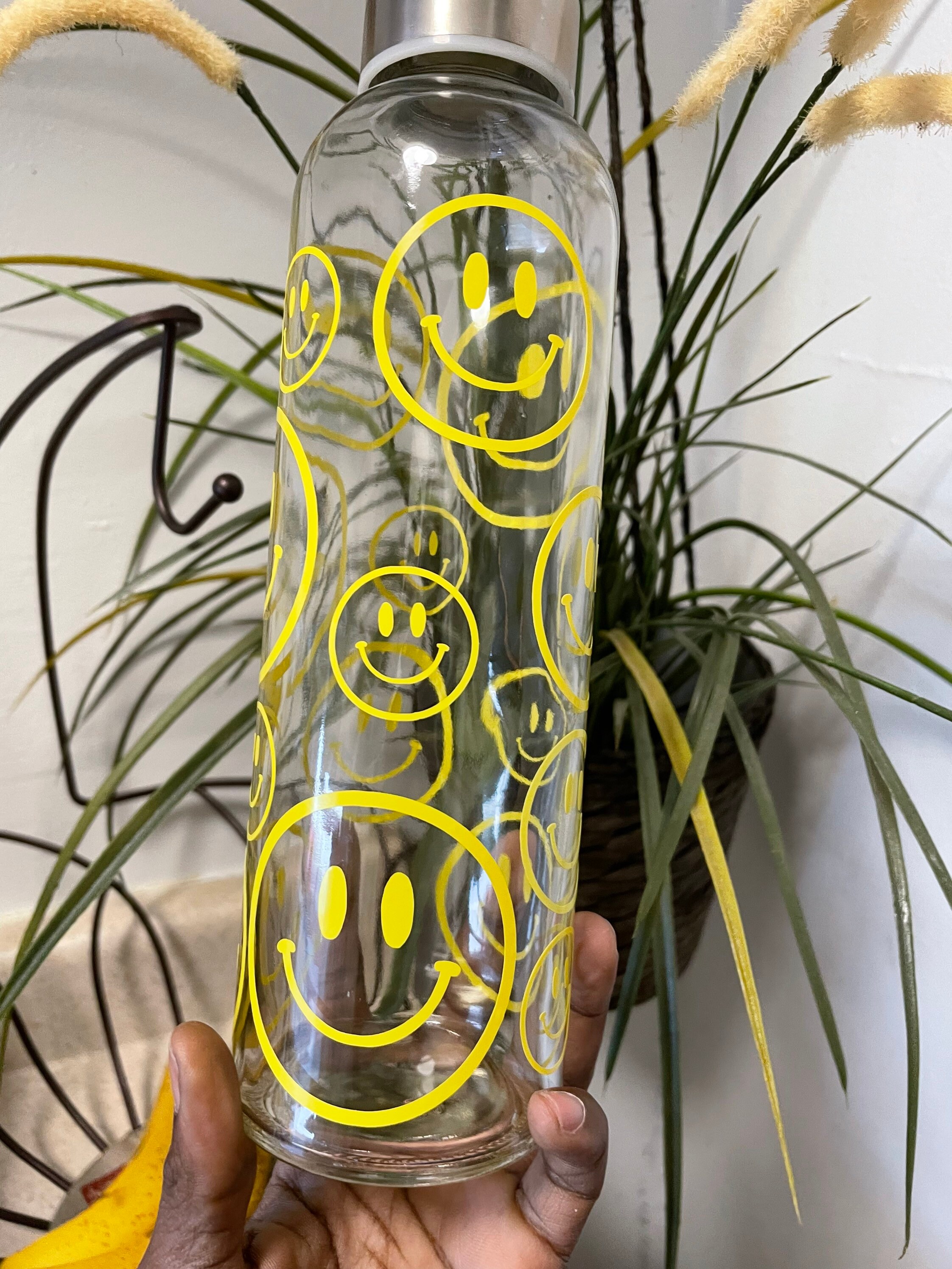 Wavy Smiley Face Glass Water Bottle 