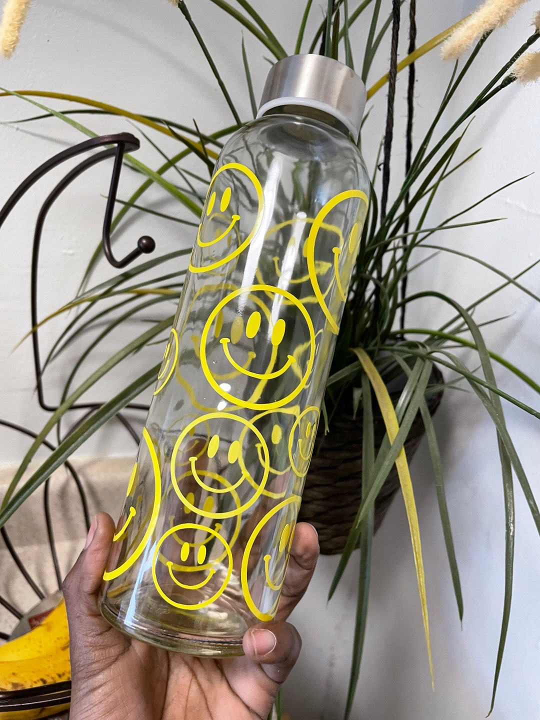 Smiley Face Glass Water Bottle Personalized Water Bottles Reusable Bottle Gym Rat Gift Black