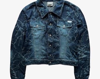 Vintage 90s Women's Versace Jeans Couture Sequin Tree Branch Pattern Faded Blue Denim Jacket