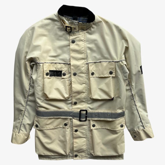 Belstaff, Vintage 90s Men's Belstaff Tourmaster 500 Cream Biker Jacket, Motorcycle 80s Racing Racer Utility Cargo Retro Belted Windbreaker