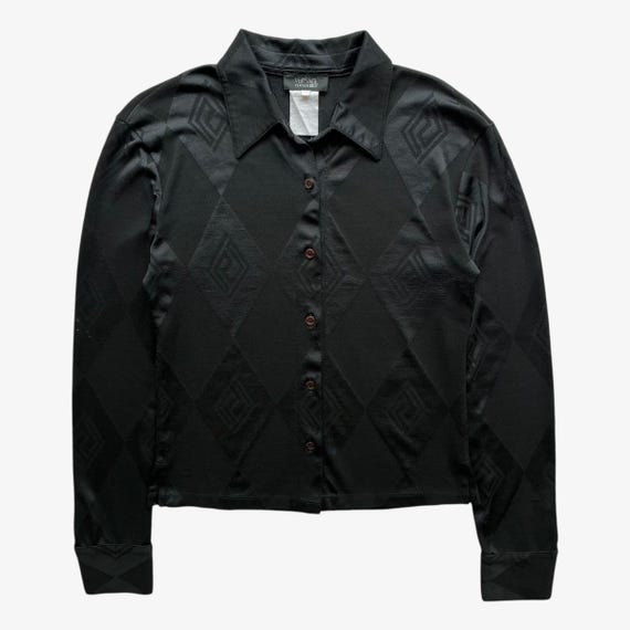 Versace Classic V2, Vintage 90s Women's Versace Classic V2 Embossed Geometric Triangle Print Black Long Sleeve Shirt