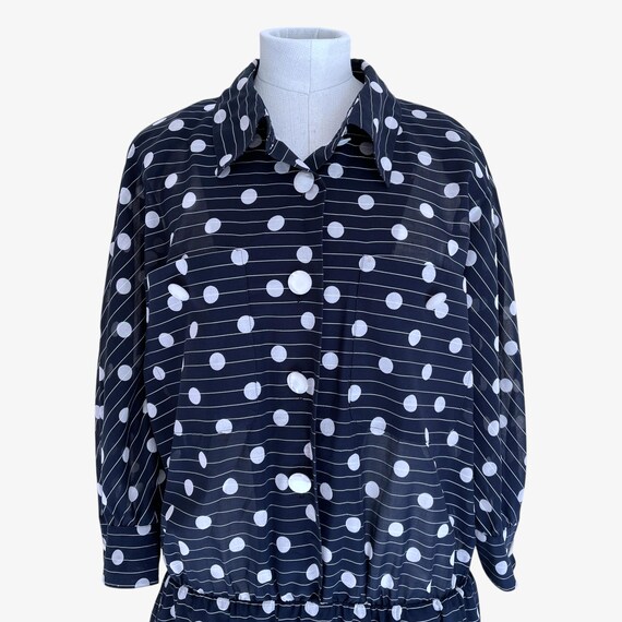 Akris, Women's Akris Polka Dot Striped Print Navy Shirt Dress, Medium Large Sleeve Punto Y2K Designer Punto Y2K Slim Pattern Classic