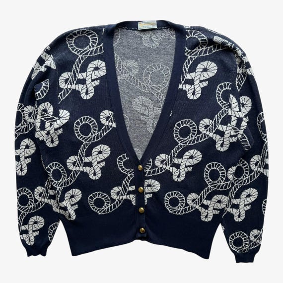 Aquascutum, Vintage 80s Women's Aquascutum Of London Nautical Patterned Navy Cardigan, Jumper Sweater Sweatshirt Retro 90s Knitted Sailing Yachting