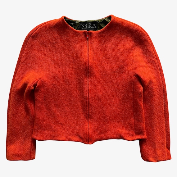 Krizia, Vintage 90s Women's Krizia Orange Mohair And Wool Blend Knitted Jacket, Retro Warm Knit Designer Luxury Preppy