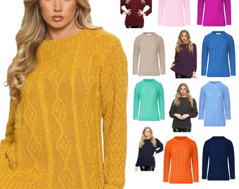 Ladies womens jumper new chunky diamond cable knitted long sleeve sweater pullover top