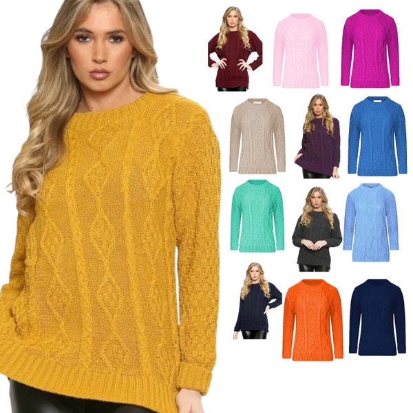 Ladies womens jumper new chunky diamond cable knitted long sleeve sweater pullover top