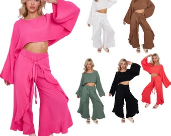 Comfortabele tweedelige damesset met loungewear, casual losse crop top met lange mouwen en broek met split-stropdas Holiday Beach Party