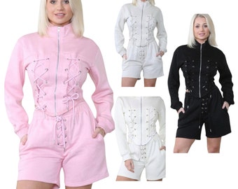 Women's two piece loungewear tracksuit short set co-ord sport top corset front tie up long sleeve zip summer holiday travel party