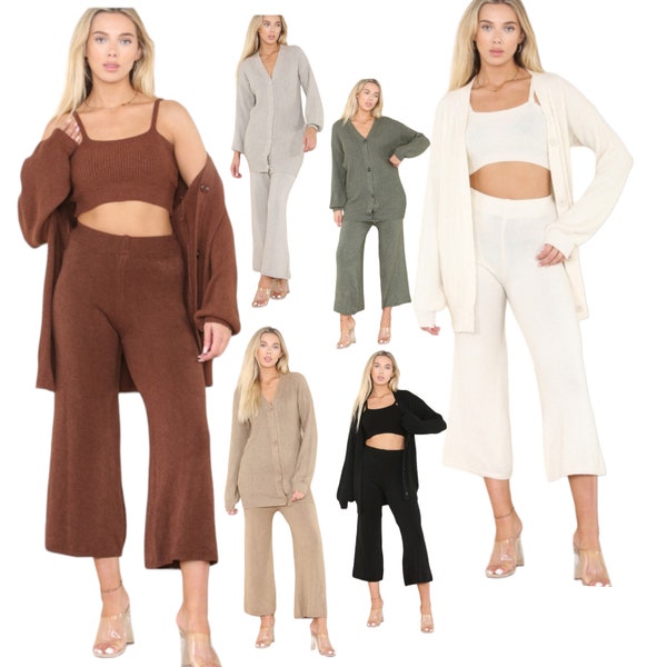 Women's 3 piece cropped bralette cardigan chunky knitted long sleeve top co-ord tracksuit ladies ribbed sleeveless jumper lounge wear