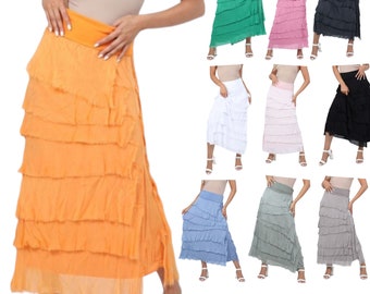 Women's silk shredded skirt dress ladies long italian layered ruffle frill tiered hight waist ladies maxi summer holiday beach resort party