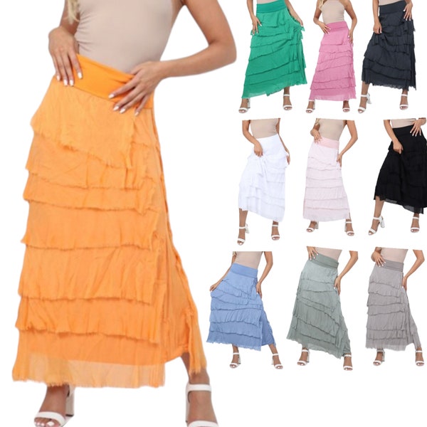 Women's silk shredded skirt dress ladies long italian layered ruffle frill tiered hight waist ladies maxi summer holiday beach resort party