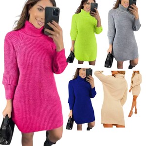 Women s Ladies Chunky Knitted High Polo Roll Neck Baggy Oversized Jumper Dress Top One Size Uk 8 14 Etsy