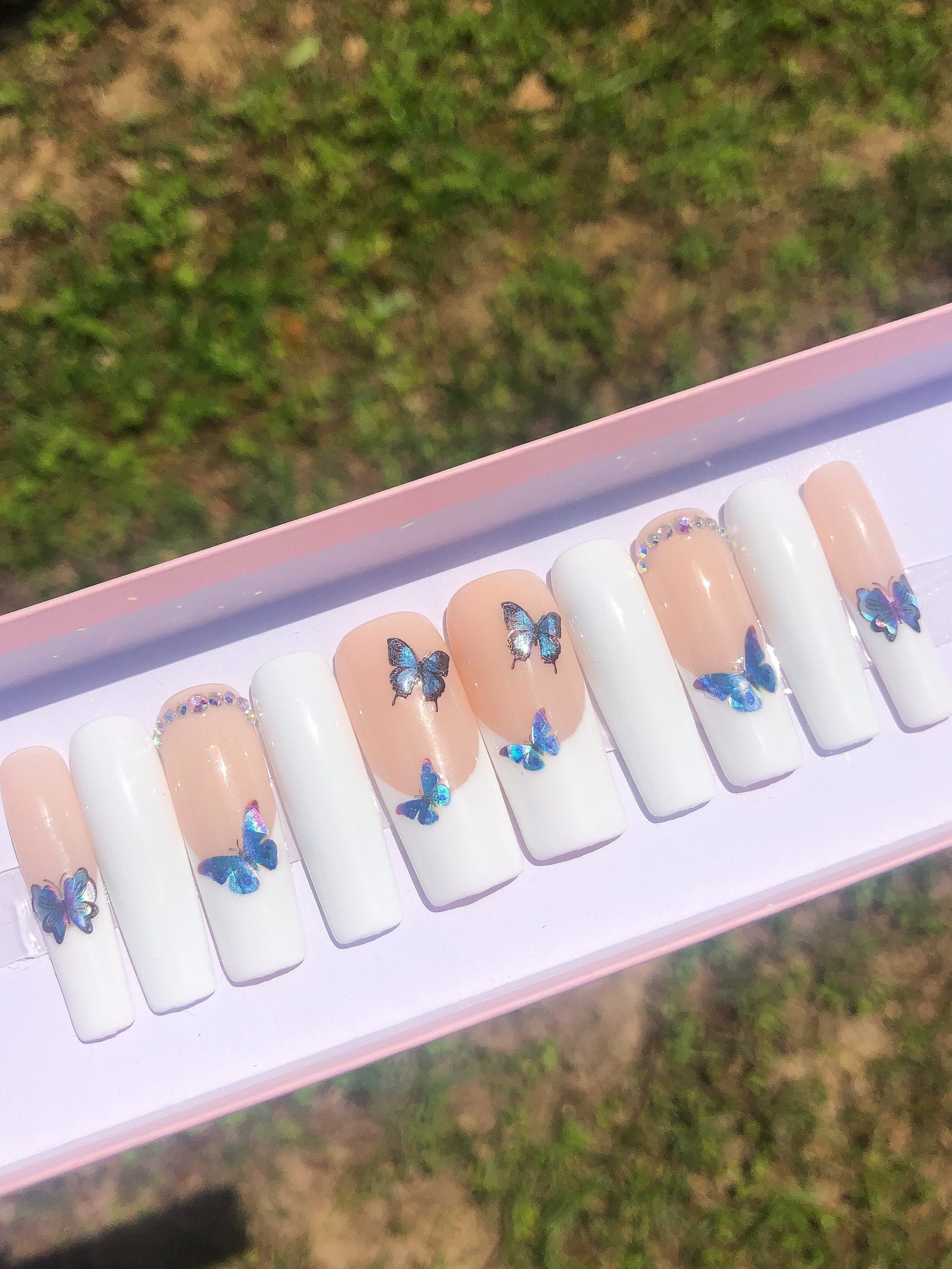 Butterfly French Tip Nails French Press on Nails Butterfly | Etsy