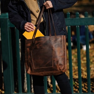 Handmade Distressed Leather Tote Bag: Large Shopper with Shoulder Straps