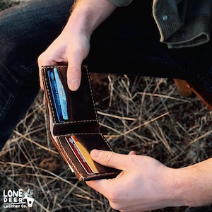 Handmade Genuine Leather Wallet for Men - Engraved Cinnamon Color Handcrafted Card Holder- Valentine's Day Gift for Him by Lone Deer Leather